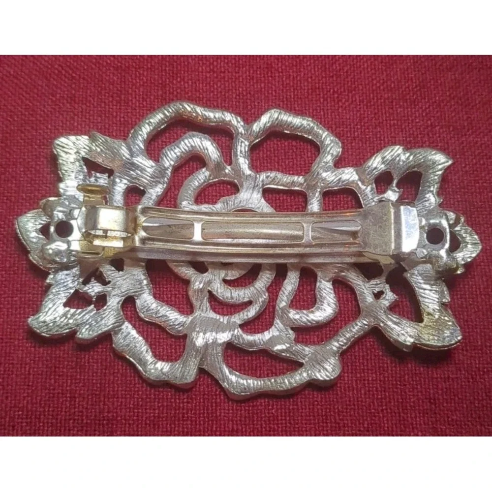 Vntg Style Large‎ Rhinestone Rose Flower Hair Barrette Clip Wedding Formal Prom - Picture 4 of 7